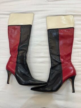 kate spade Mondrian Black, Red & Cream Colorblock Knee-High Leather Boots